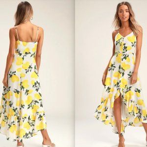 Lulus Afternoon Air Yellow Lemon Print High-Low Midi Dress!